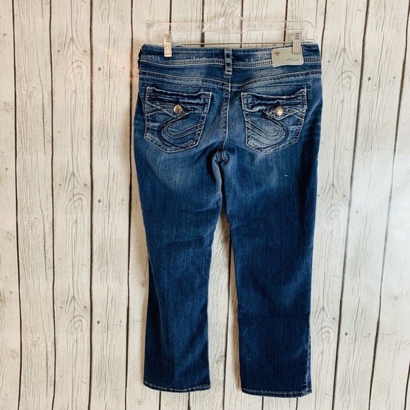 Womens Silver Aiko Rivets Flap Pocket Capri Denim Blue Jeans Sz W 30 L 22 - Picture 3 of 9